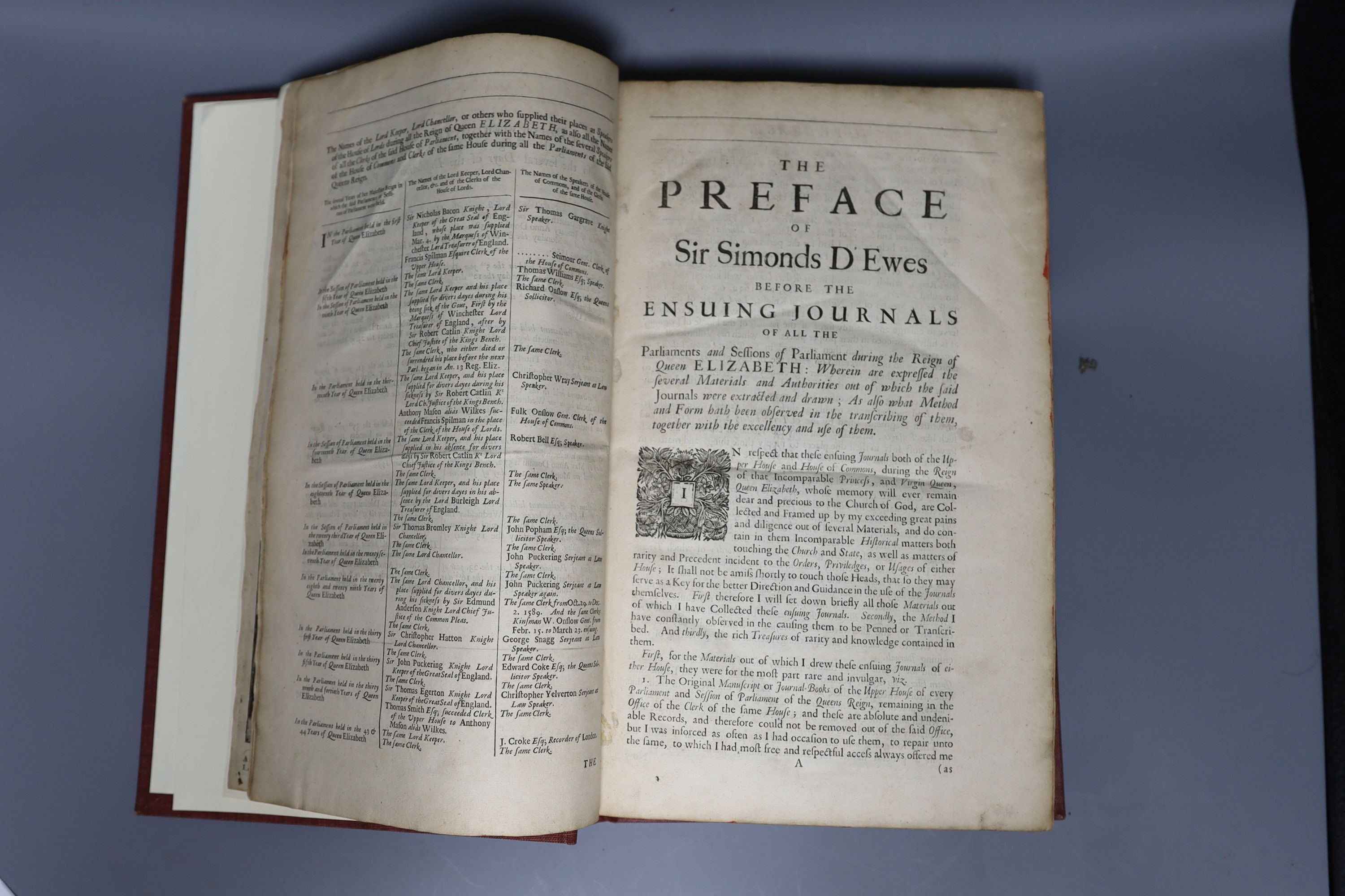 D'Ewes, Sir Simonds (editor) - The Journals of all the Parliaments during the reign of Queen Elizabeth ... revised and published by Paul Bowes, of the Middle-Temple ... engraved frontis.